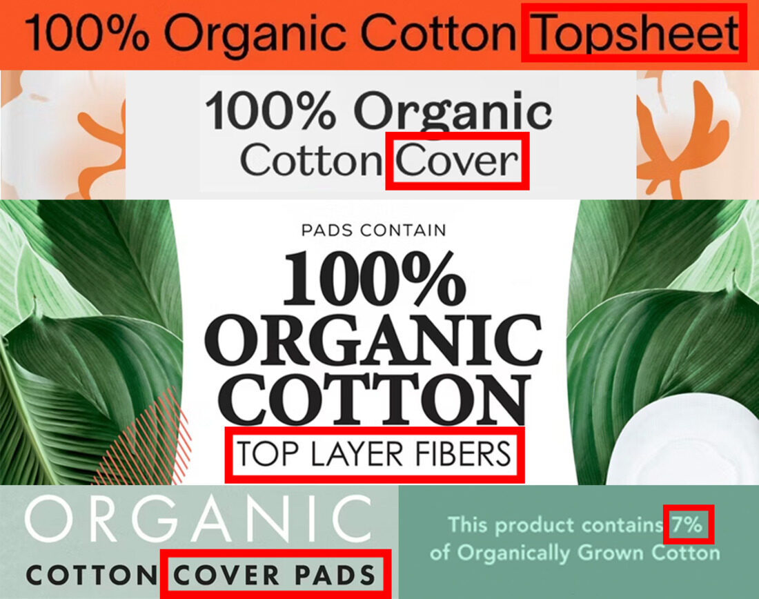 A close crop of a published pad ingredient list showing organic cotton assigned to the top sheet